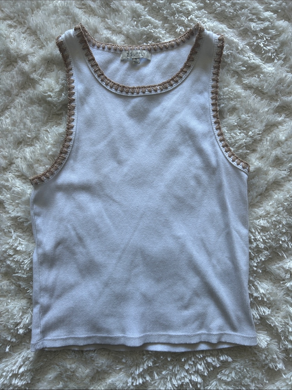 Z Supply White Ribbed Tank with Tan Crochet Trim